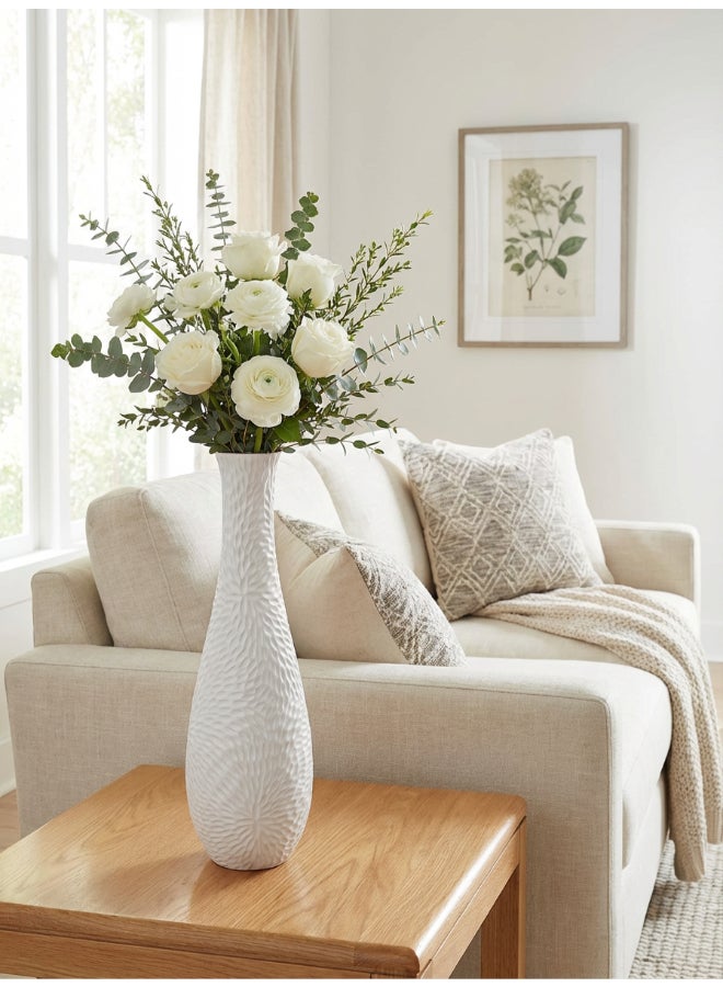 ايست من نون Ceramic Vase for Floral Decorative arrangement, Ht-46.4 cm | Shiny White Color | Flora Etch Design | Size -13.5x13.5x46.4 cm | Perfect for decorativing your living room, Ideal for decorating coffee table, dinning table, console table or any office or living space - Image 2